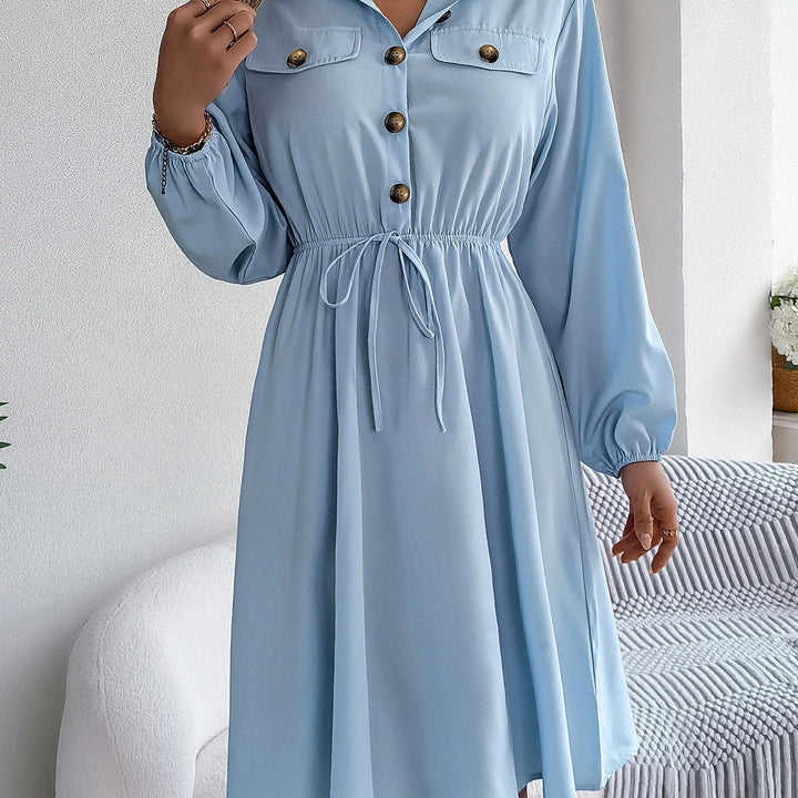 Elegant Button Front Lantern Sleeve Dress - Cinched Waist