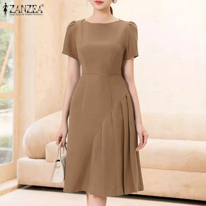 ZANZEA Elegant Summer Work Dress - Short Sleeve Pleated A-Line Sundress