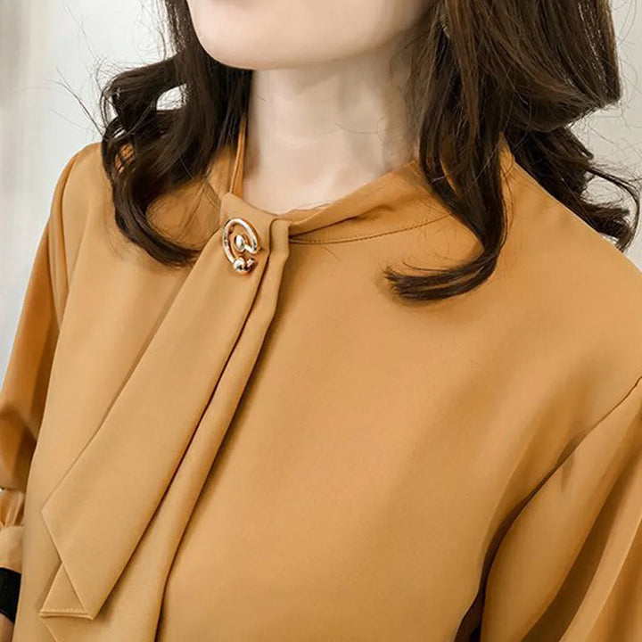 Elegant Lantern Sleeve Blouse - Round Neck Chiffon Office Lady Top