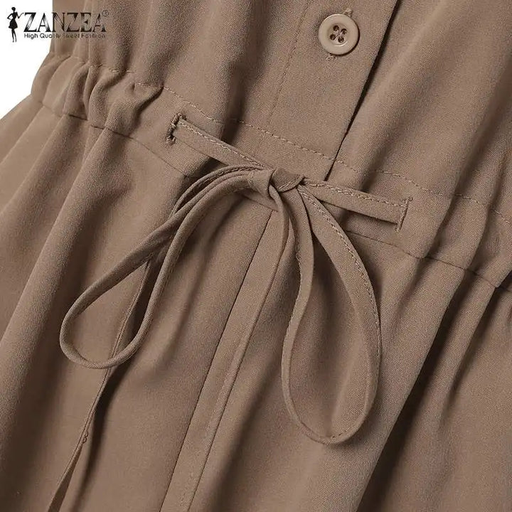 ZANZEA Summer V-Neck Dress - Short Sleeve Drawstring Waist Knee-Length Sundress