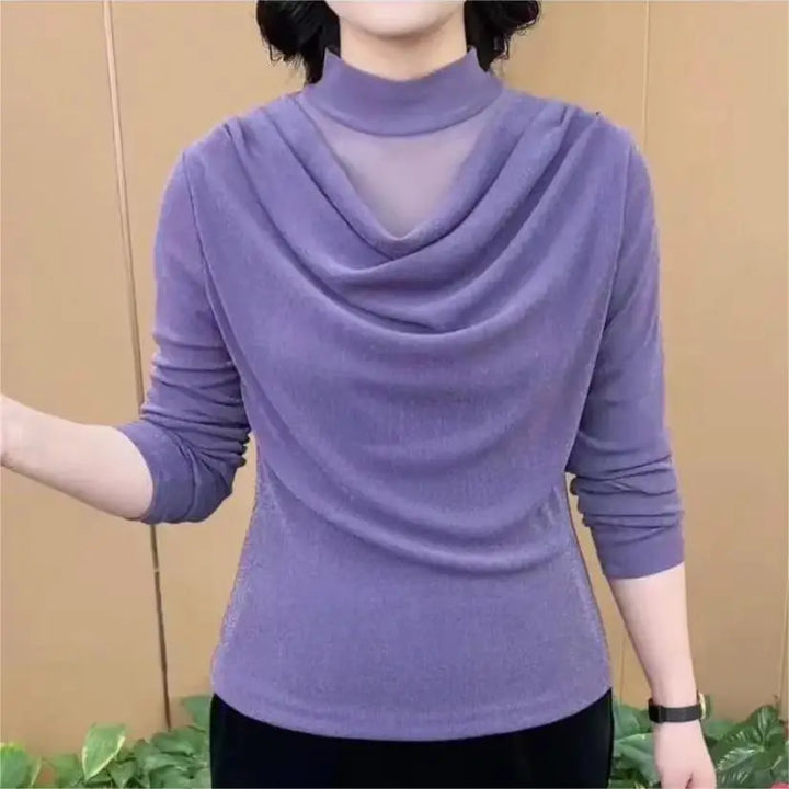 Temperament Pleated T-Shirt - Long Sleeve Half High Neck Vintage Office Pullover