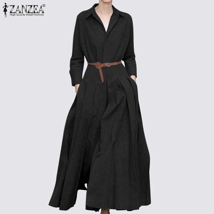 ZANZEA Spring Office Maxi Dress - Casual Oversized Lapel A-line Long Sleeve Dress