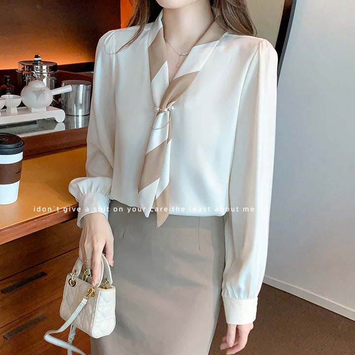 Chiffon Blouse for Women - Elegant Lace-Up V-Neck Long Sleeve Office Top