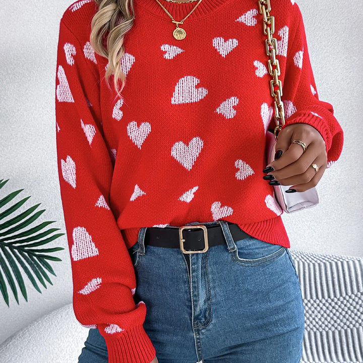 Autumn Winter Love Pattern Knitted Pullover - Round Neck Long Sleeve Sweater