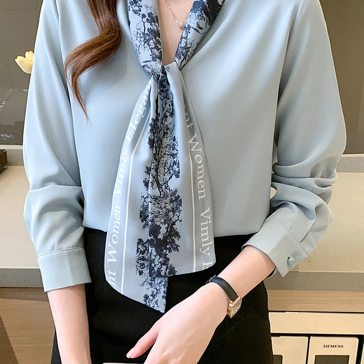 Elegant Autumn Bow Chiffon Blouse - Loose Fit Office Lady Shirt