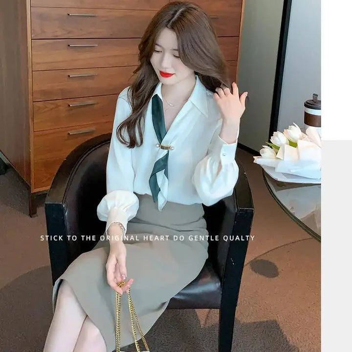 Women’s Bow Tie Blouse - Elegant Korean Fashion V-Neck Long Sleeve Office Top