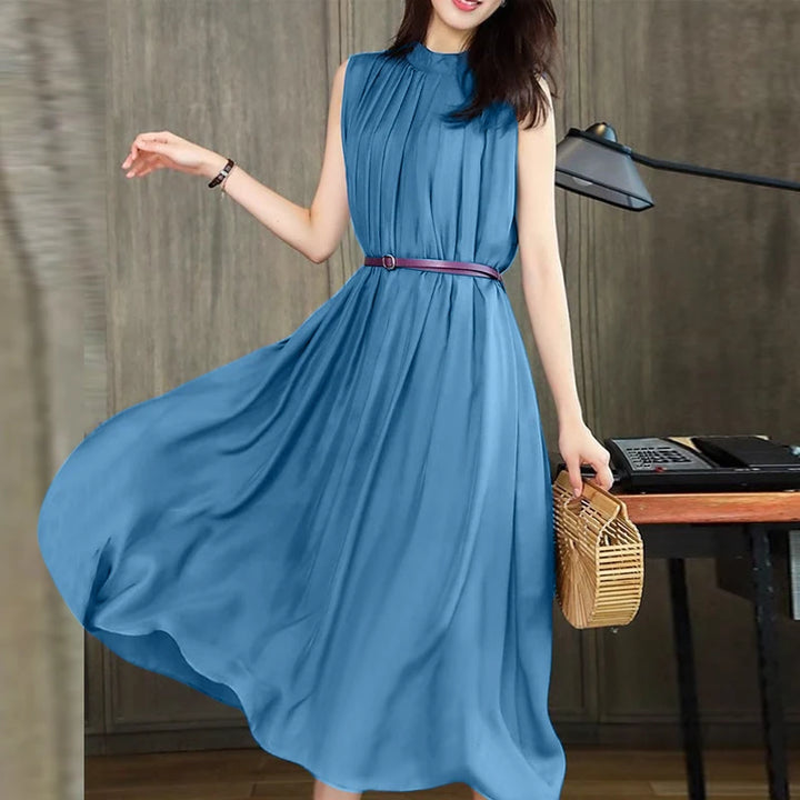 ZANZEA Vintage Stand Collar Swing Dress - Pleated Loose Fit Summer Sundress