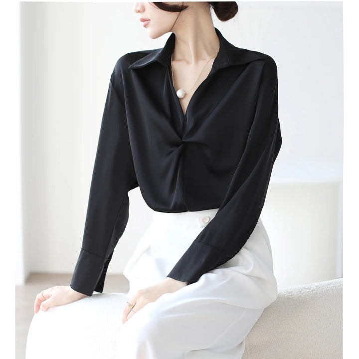 Autumn Casual Turn-Down Collar Blouse - Off-White Chiffon Long Sleeve Shirt