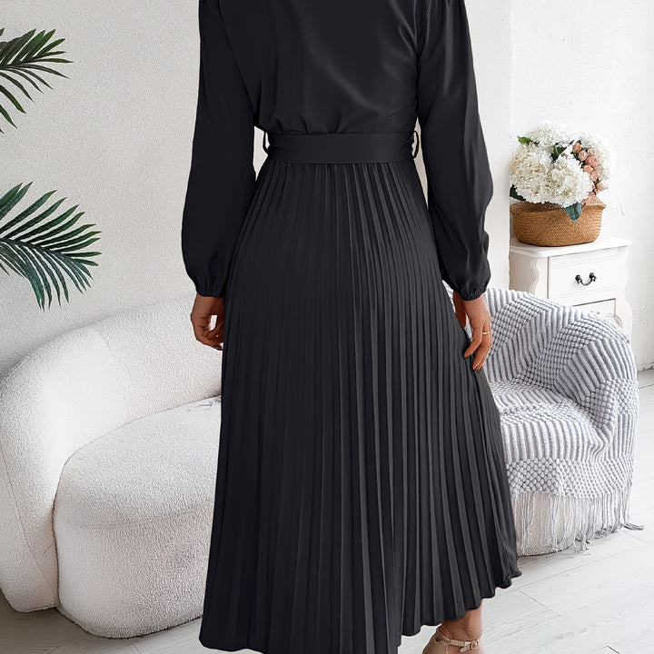 Chic A-Line V-Neck Dress – Belted Waist, Pleated Hem, and Flattering Silhouette for Everyday Style