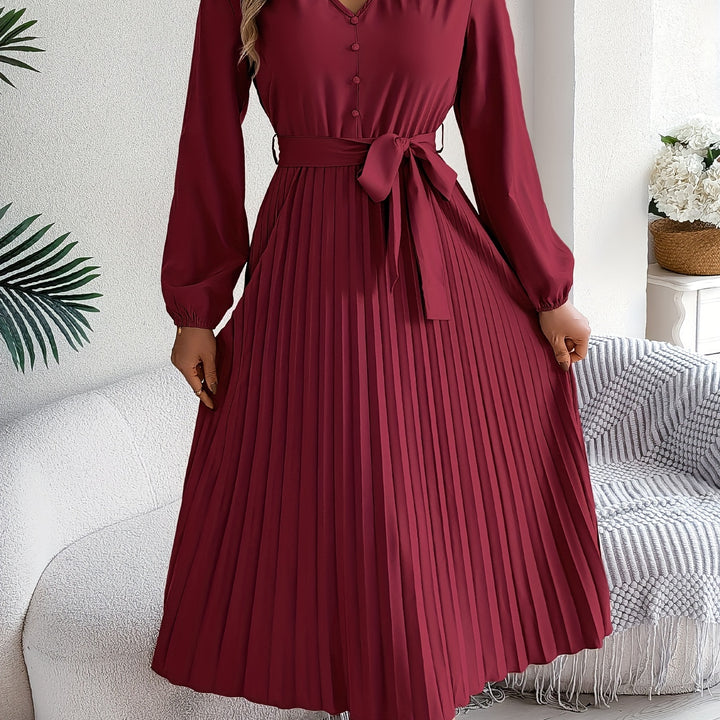 Chic A-Line V-Neck Dress – Belted Waist, Pleated Hem, and Flattering Silhouette for Everyday Style