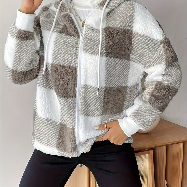 Cozy Plaid Teddy Coat – Drawstring Hood, Zipper, Long Sleeve for Winter