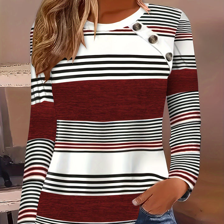 Vibrant Striped Tee – Faux Button Long Sleeve Top for Spring & Fall