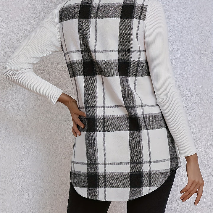 Elegant Lapel Collar Plaid Vest – Sleeveless Button Coat for Fall/Winter