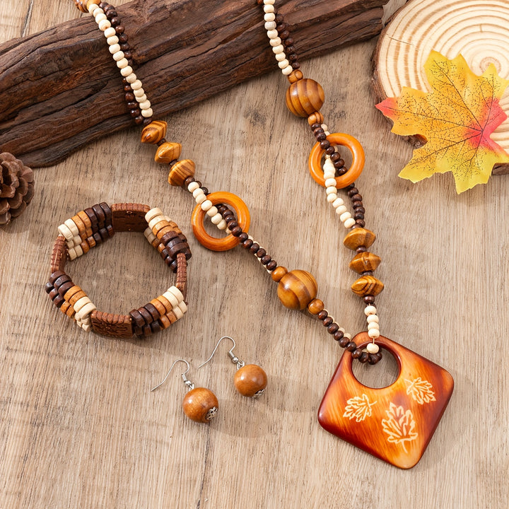 Boho Chic Jewelry Set – Wooden Bead Earrings, Necklace & Bracelet