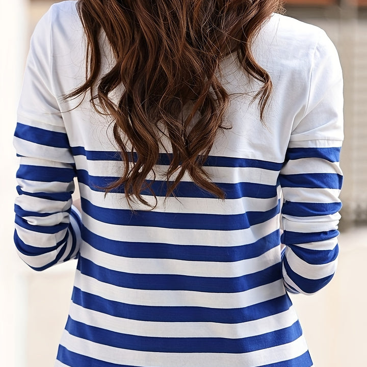 Womens Striped Quarter Zip T-Shirt – Comfortable Long Sleeves for Spring & Fall