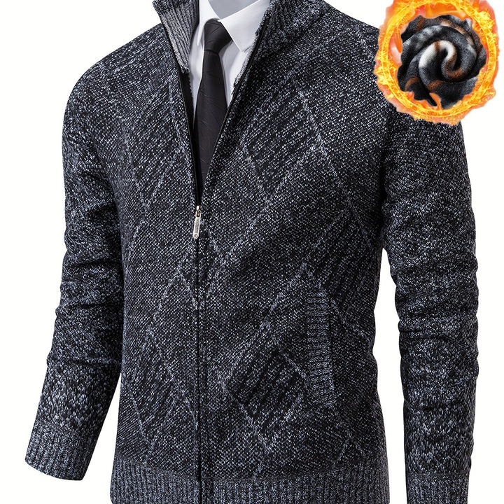 Men's Diamond Plaid Cardigan – Stylish, Warm Knit Zip-Up with Stand Collar