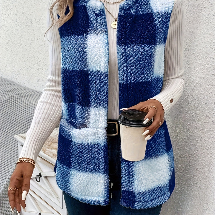 Stylish Plaid Fleece Vest – Soft, Open Front with Pockets for Fall & Winter