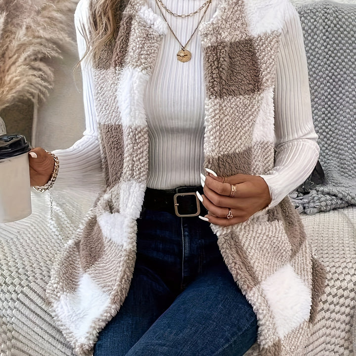 Chic Plaid Teddy Vest – Faux Fur, Sleeveless, Casual for Fall/Winter