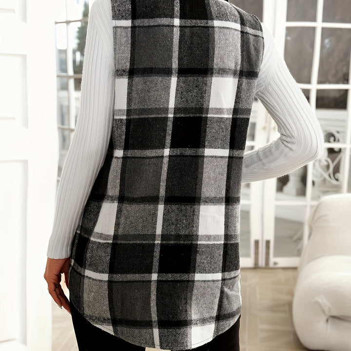 Elegant Lapel Collar Plaid Vest – Sleeveless Button Coat for Fall/Winter