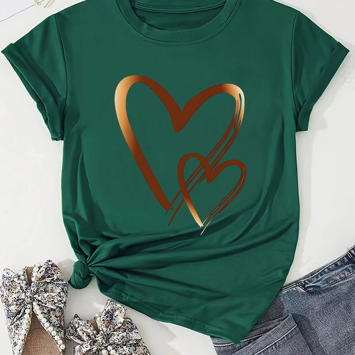 Women's Casual Heart Print T-Shirt – Soft, Stretchy Crew Neck for All Seasons