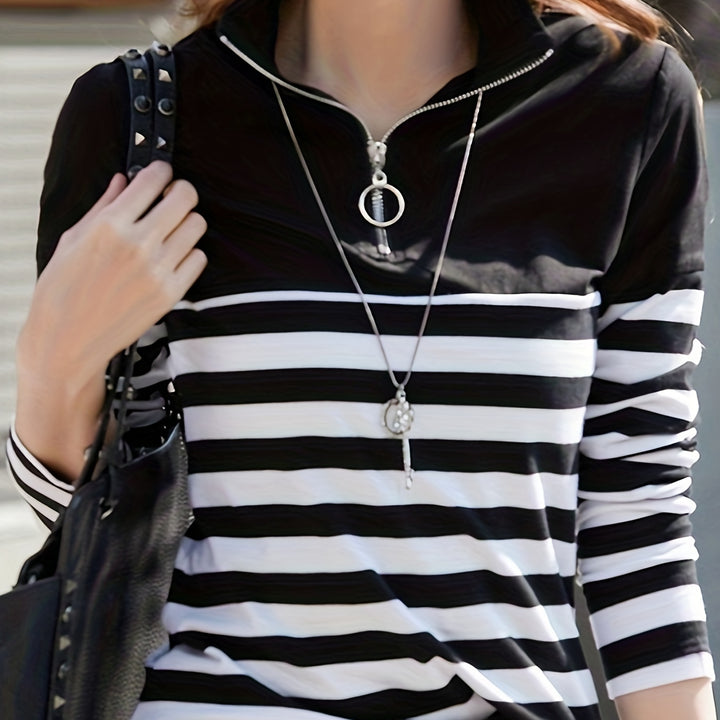 Womens Striped Quarter Zip T-Shirt – Comfortable Long Sleeves for Spring & Fall