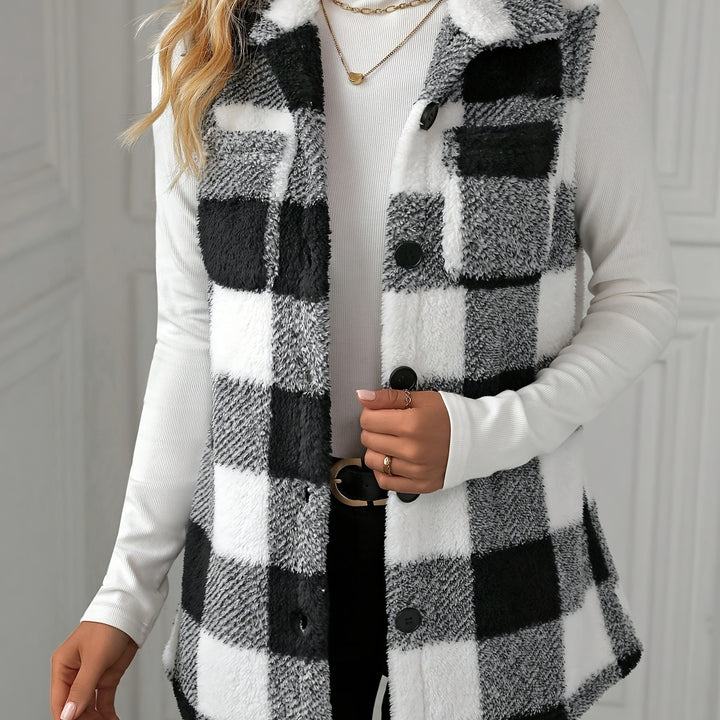 Cozy Plaid Fuzzy Vest – Stylish Sleeveless Outerwear for All Seasons