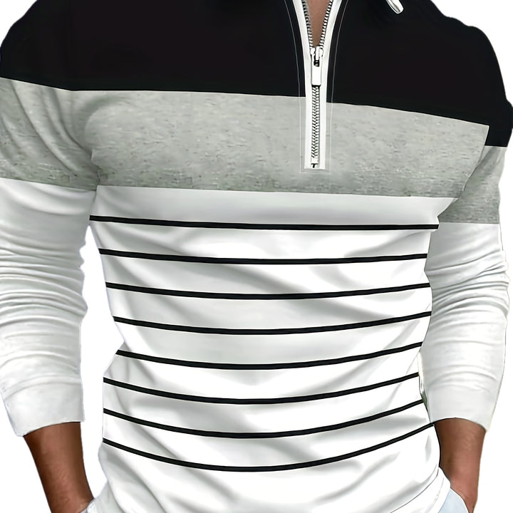 Men's Long Sleeve Striped Casual Shirt - Lapel Collar, Chain Details, Regular Fit for Spring & Fall