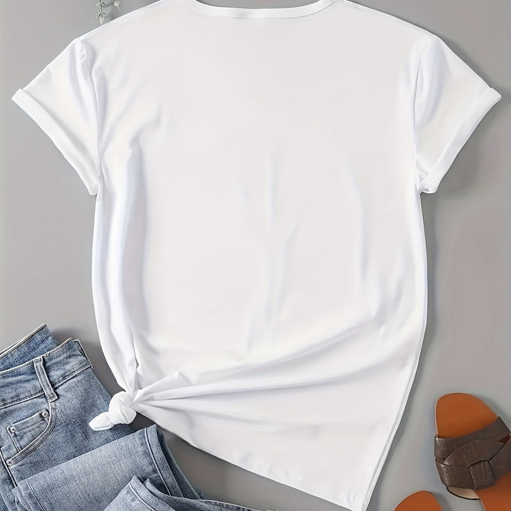 Heart & Letter Print Crew Neck T-Shirt – Casual Short Sleeve for Spring & Summer