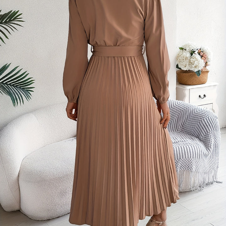 Chic A-Line V-Neck Dress – Belted Waist, Pleated Hem, and Flattering Silhouette for Everyday Style