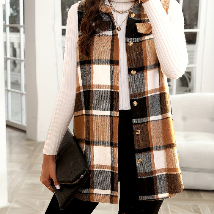 Elegant Lapel Collar Plaid Vest – Sleeveless Button Coat for Fall/Winter