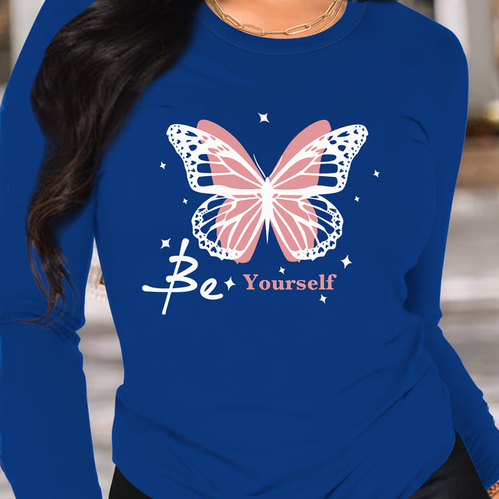 Women's Butterfly Print Long Sleeve T-Shirt – Soft polyester blend, crew neck, machine washable