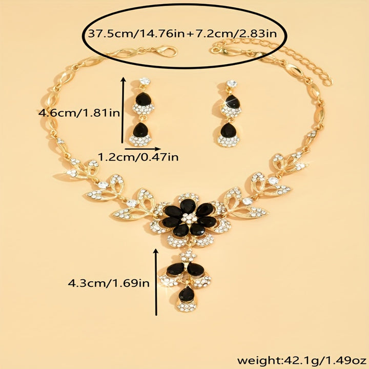 Necklace & Earrings Set - Elegant Black Flower Rhinestone Jewelry, Hypoallergenic