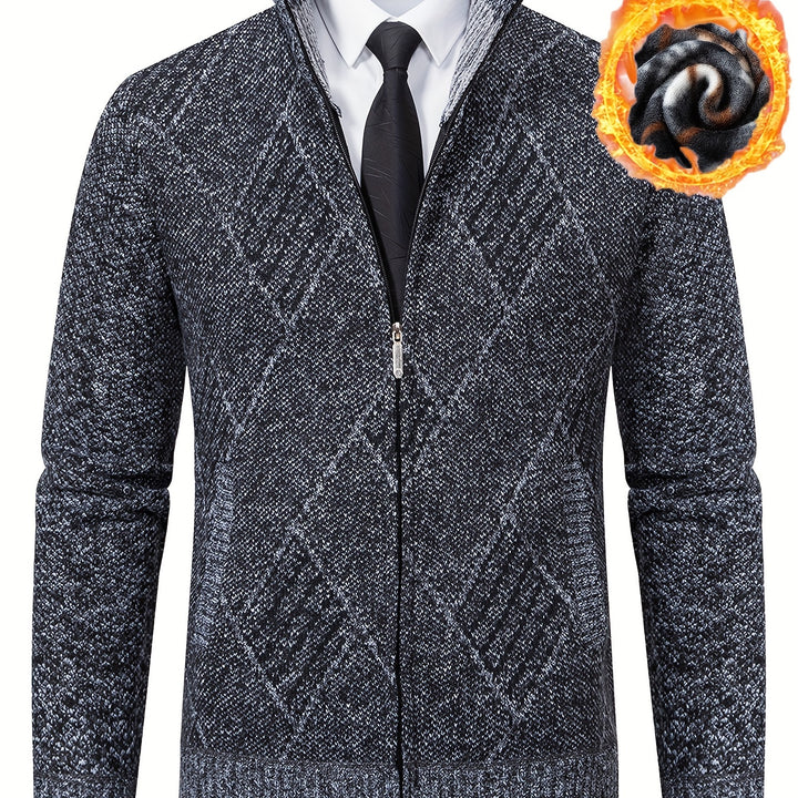 Men's Diamond Plaid Cardigan – Stylish, Warm Knit Zip-Up with Stand Collar