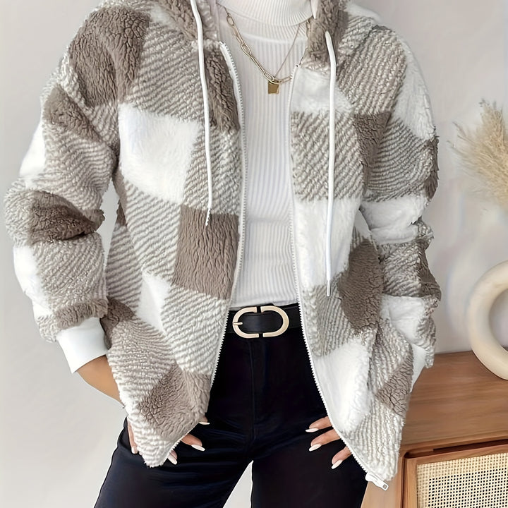 Cozy Plaid Teddy Coat – Drawstring Hood, Zipper, Long Sleeve for Winter