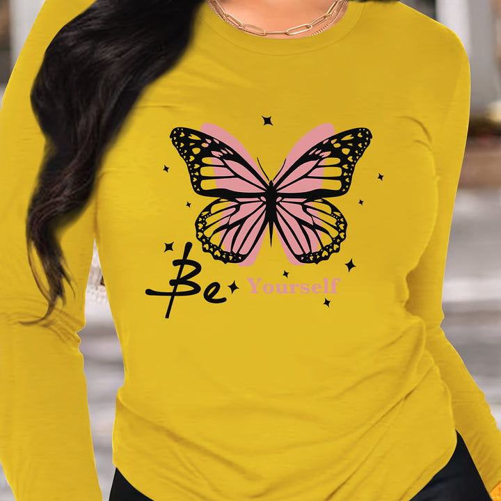 Women's Butterfly Print Long Sleeve T-Shirt – Soft polyester blend, crew neck, machine washable