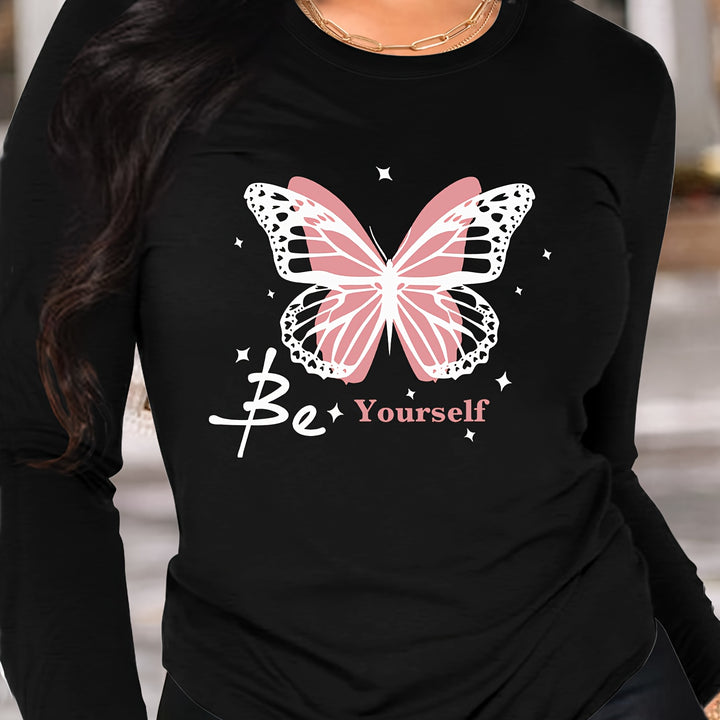 Women's Butterfly Print Long Sleeve T-Shirt – Soft polyester blend, crew neck, machine washable