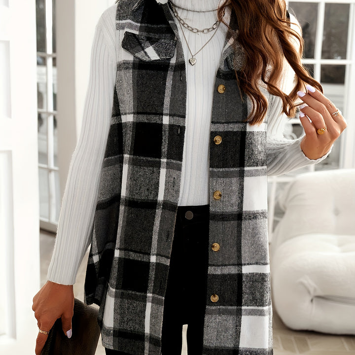 Elegant Lapel Collar Plaid Vest – Sleeveless Button Coat for Fall/Winter