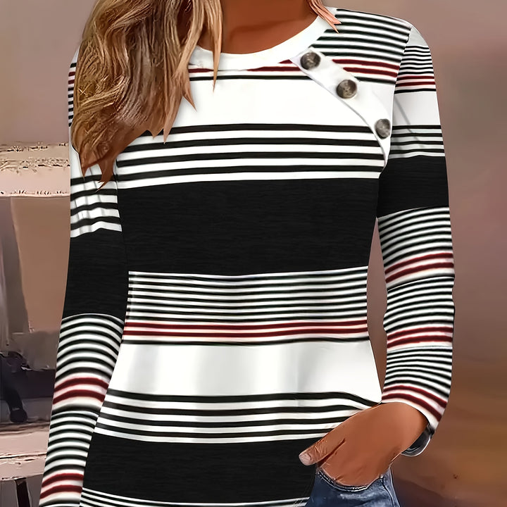 Vibrant Striped Tee – Faux Button Long Sleeve Top for Spring & Fall