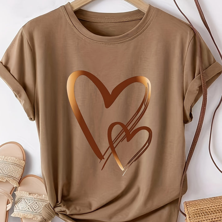 Women's Casual Heart Print T-Shirt – Soft, Stretchy Crew Neck for All Seasons