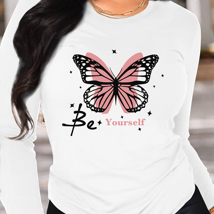 Women's Butterfly Print Long Sleeve T-Shirt – Soft polyester blend, crew neck, machine washable