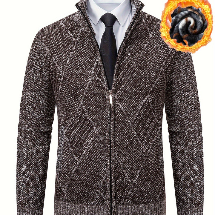 Men's Diamond Plaid Cardigan – Stylish, Warm Knit Zip-Up with Stand Collar