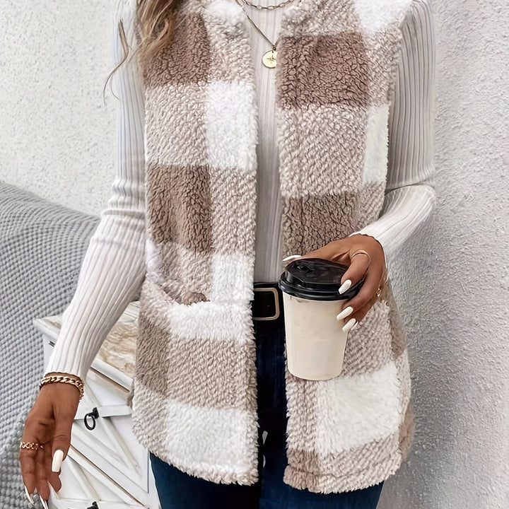 Chic Plaid Teddy Vest – Faux Fur, Sleeveless, Casual for Fall/Winter