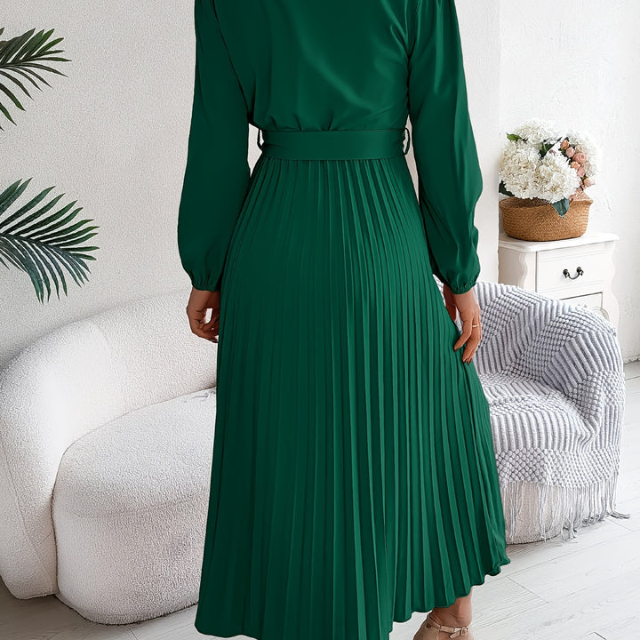 Chic A-Line V-Neck Dress – Belted Waist, Pleated Hem, and Flattering Silhouette for Everyday Style