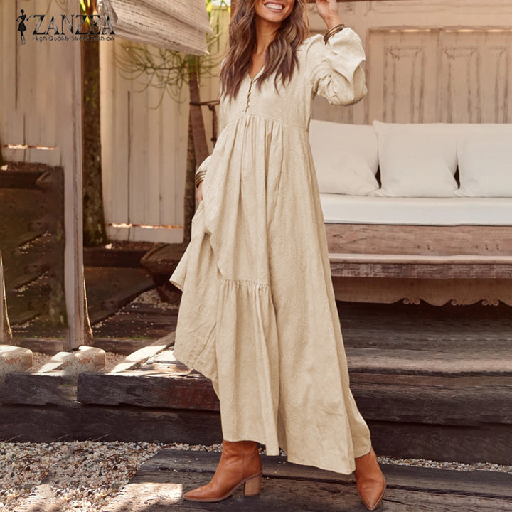 ZANZEA Bohemian Cotton Linen Maxi Dress - V-Neck Pleated Casual Kaftan