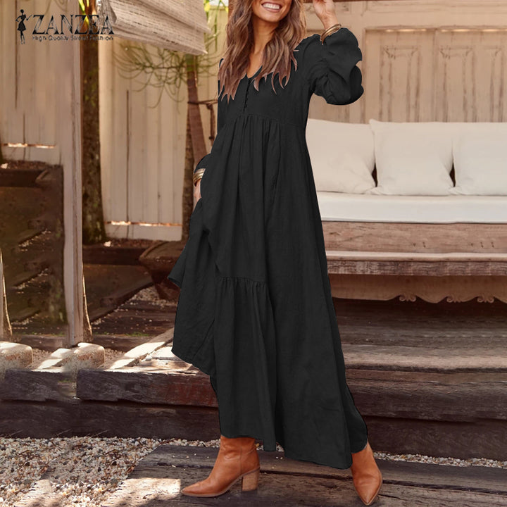 ZANZEA Bohemian Cotton Linen Maxi Dress - V-Neck Pleated Casual Kaftan