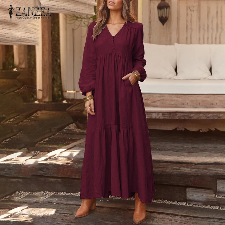 ZANZEA Bohemian Cotton Linen Maxi Dress - V-Neck Pleated Casual Kaftan