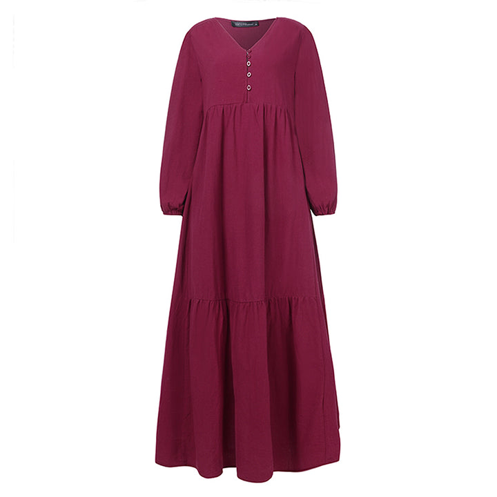 ZANZEA Bohemian Cotton Linen Maxi Dress - V-Neck Pleated Casual Kaftan