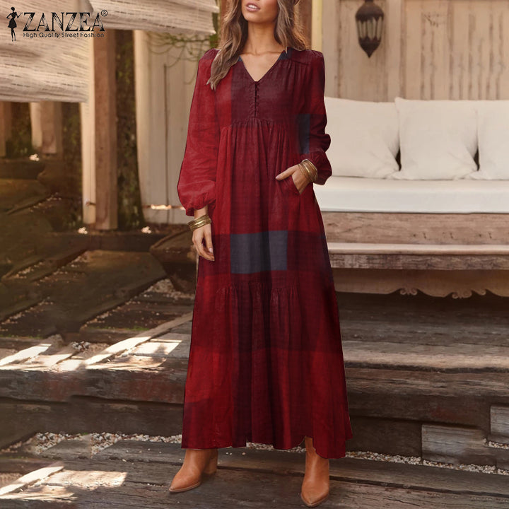 ZANZEA Bohemian Cotton Linen Maxi Dress - V-Neck Pleated Casual Kaftan