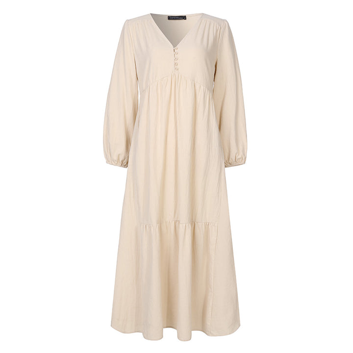 ZANZEA Bohemian Cotton Linen Maxi Dress - V-Neck Pleated Casual Kaftan