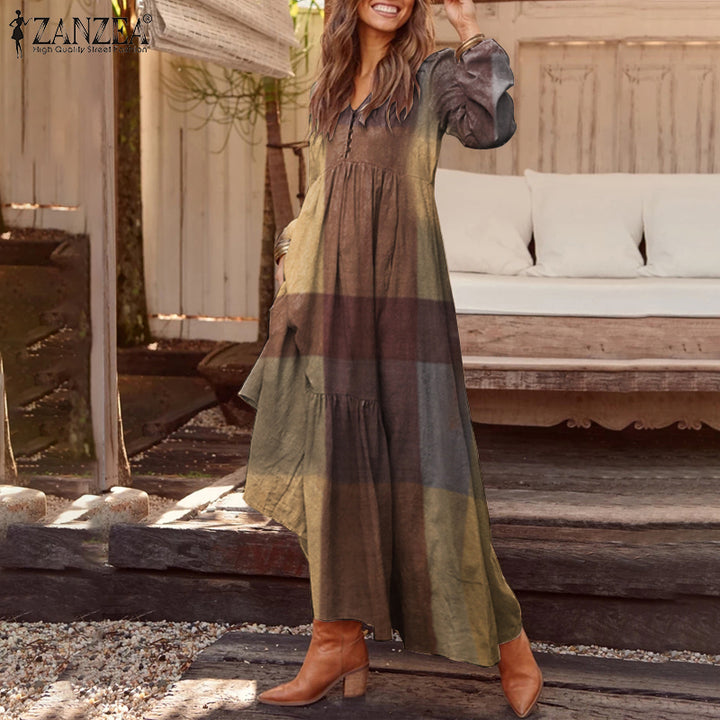 ZANZEA Bohemian Cotton Linen Maxi Dress - V-Neck Pleated Casual Kaftan